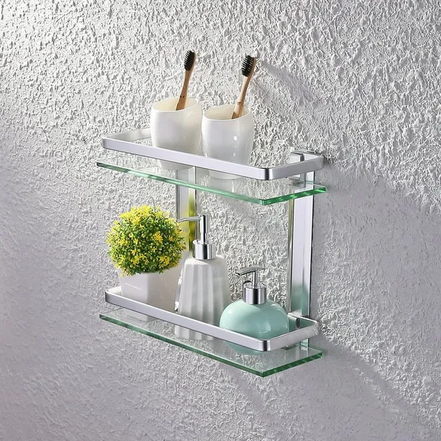 Bathroom Tempered Glass Shelf 2 Tier Storage Glass Shelf Rectangular With Bar Wa