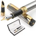 Dryden Designs Fountain Pen - Medium Nib and Fine Nib | Includes Premium Box, 6 Ink Cartridges - 3 Black 3 Blue and Ink Refill Converter - Metallic Silver