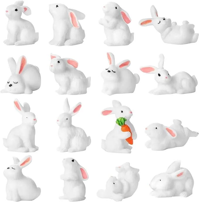 16 Pieces Miniature Bunny Figurine Toy Resin Mini Rabbit for Easter Cake Decorations Birthday Cupcake Toppers Small Animal Figurine Playset Fairy