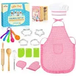 Kids Apron Kitchen Toys 20Pcs: Educational Toys Cooking Baking Set with Cookbook, Kids Chef Hat Role Play Dress up Clothes, Ideal Easter Birthday Toys Gift for 3-8 Year Old Girl Toddlers