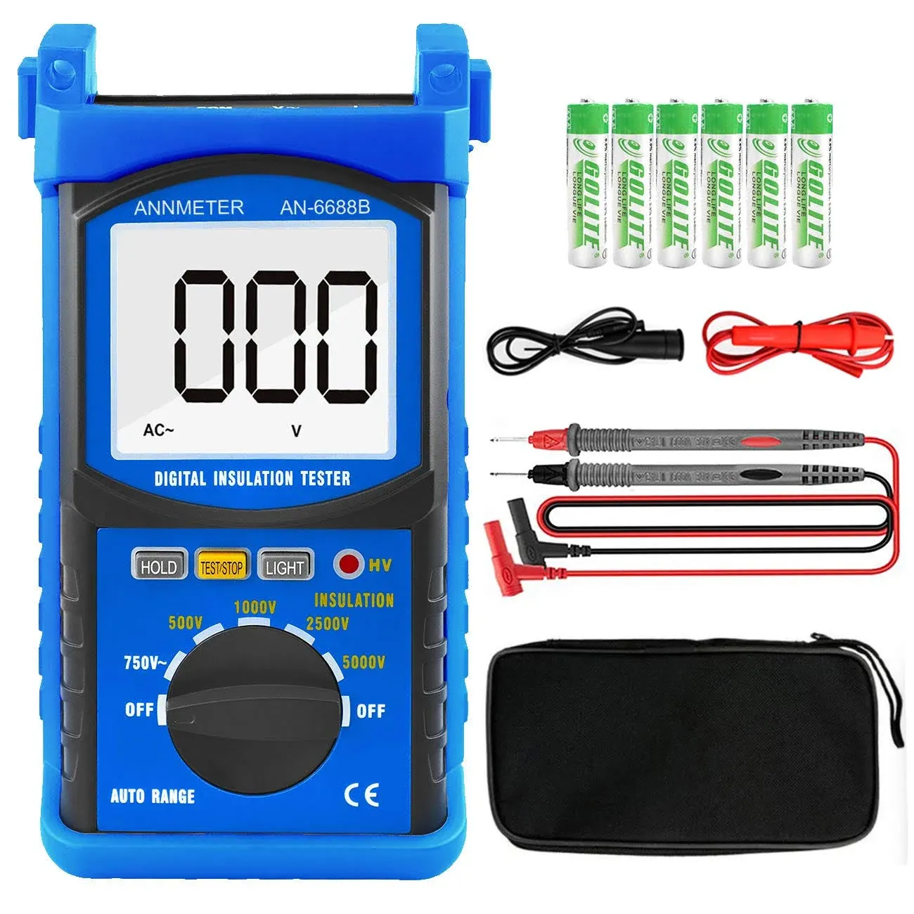 Digital Insulation Resistance Tester, AIMOEST Megohmmeter 200GΩ Meg Ohmmeter, 500V/1000V/2500V/5kV Test Voltage, Auto Ranging Mega Ohm Meter AC Voltmeter AI-6688B with Over-Range Indicator