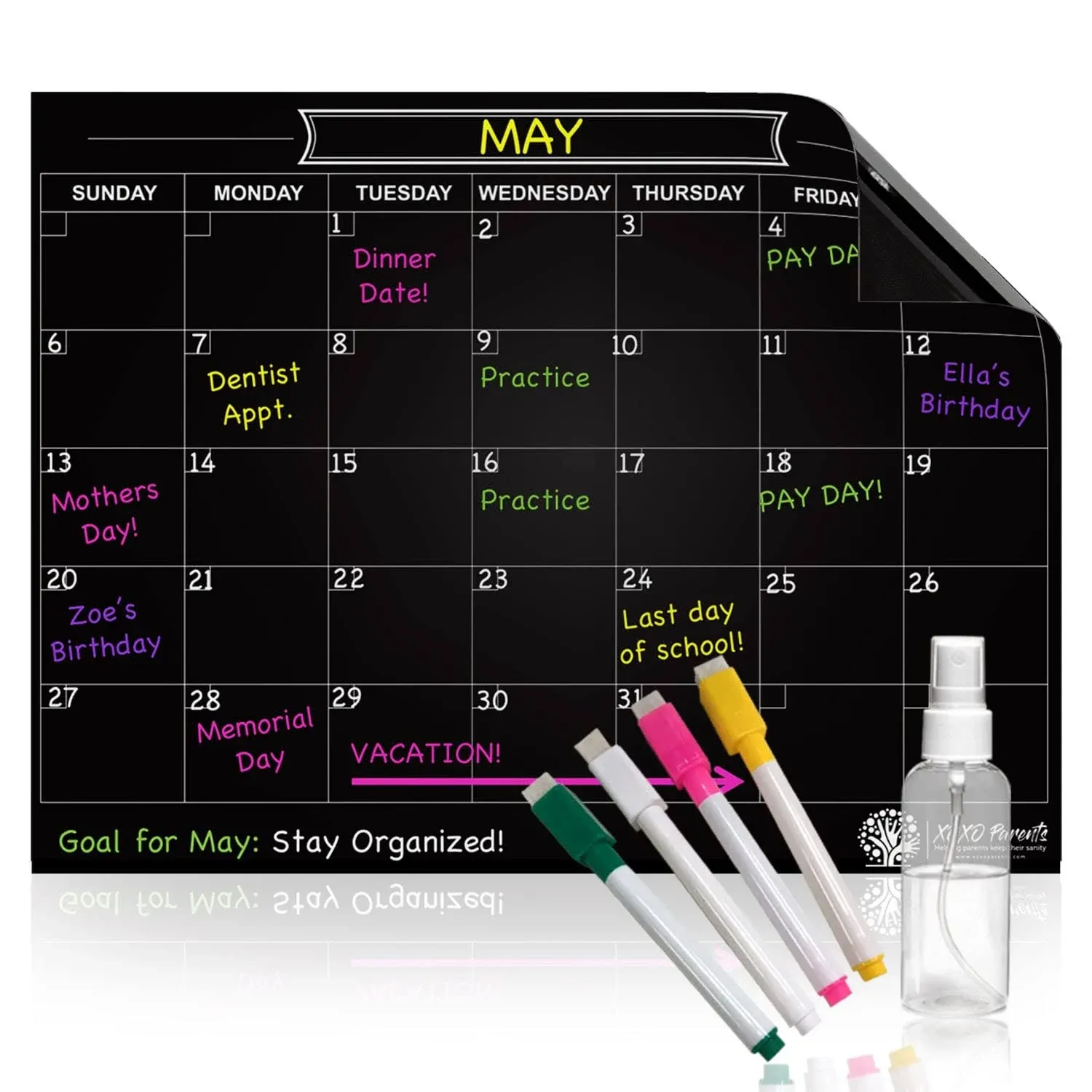 Black Magnetic Calendar for Refrigerator - Dry Erase Calendar for Fridge – For Family, Kids, Workout, Menu Planner – 12 x 16in - Includes 4 Markers and Spray Bottle (Black)