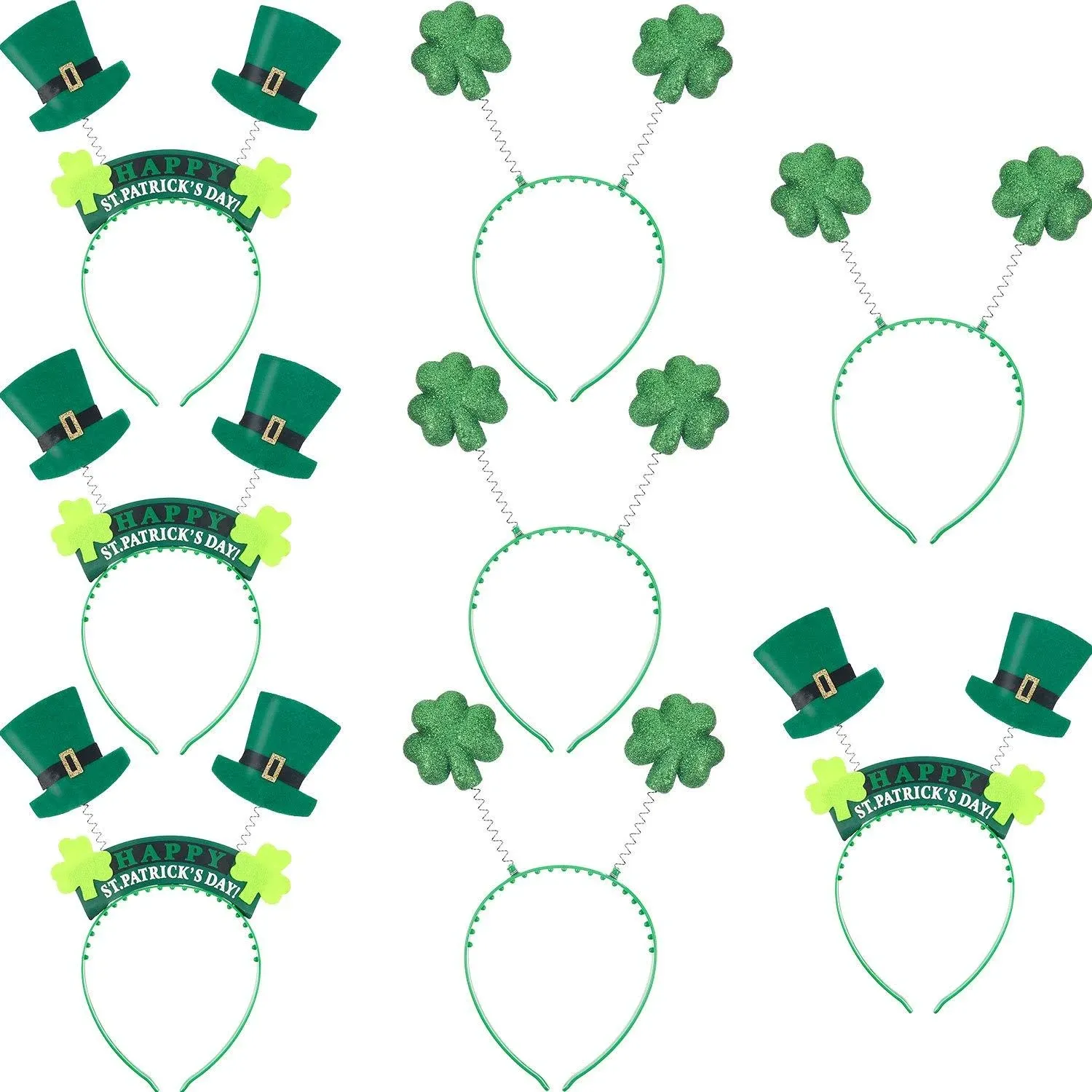 Bememo 8 Pieces St. Patrick&#039;s Day Headband Shamrock Clover and Hat Head Boppers 