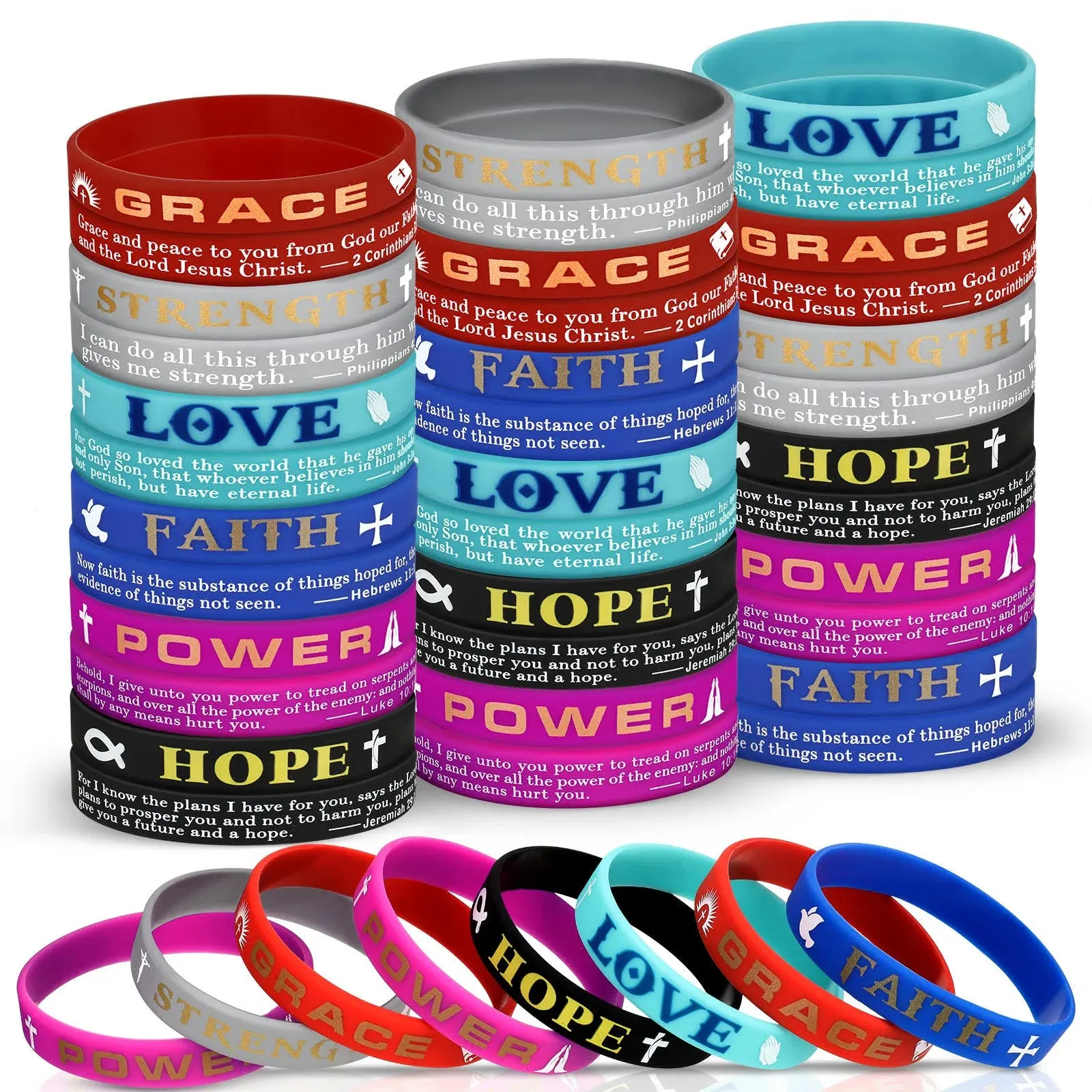 Zhanmai 48 Pcs Bible Verses Bracelets Christian Inspirational Bible Bracelets Religious Silicone Wristbands Scripture Silicone Bracelets Hope Power Faith Strength Grace Love Wristbands for Men Women