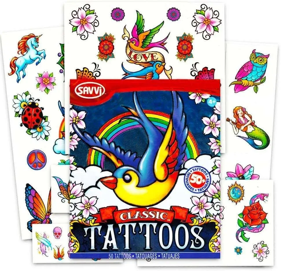 Set of 50 Classic American Traditional Temporary Tattoos for Girls Women, Made in USA