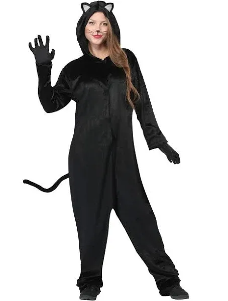 Black Cat Costume for Adults, Hooded Jumpsuit with Stuffed Tail and Ears