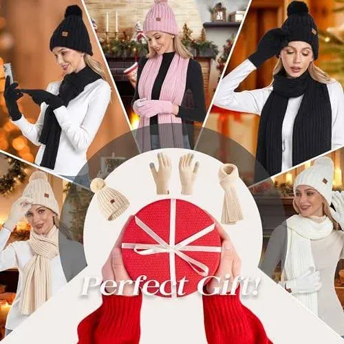 Womens Winter Beanie Hat Gloves Set Long Scarf Touchscreen Gloves Set with Fleece Lined Warm Knit Beanie Cap