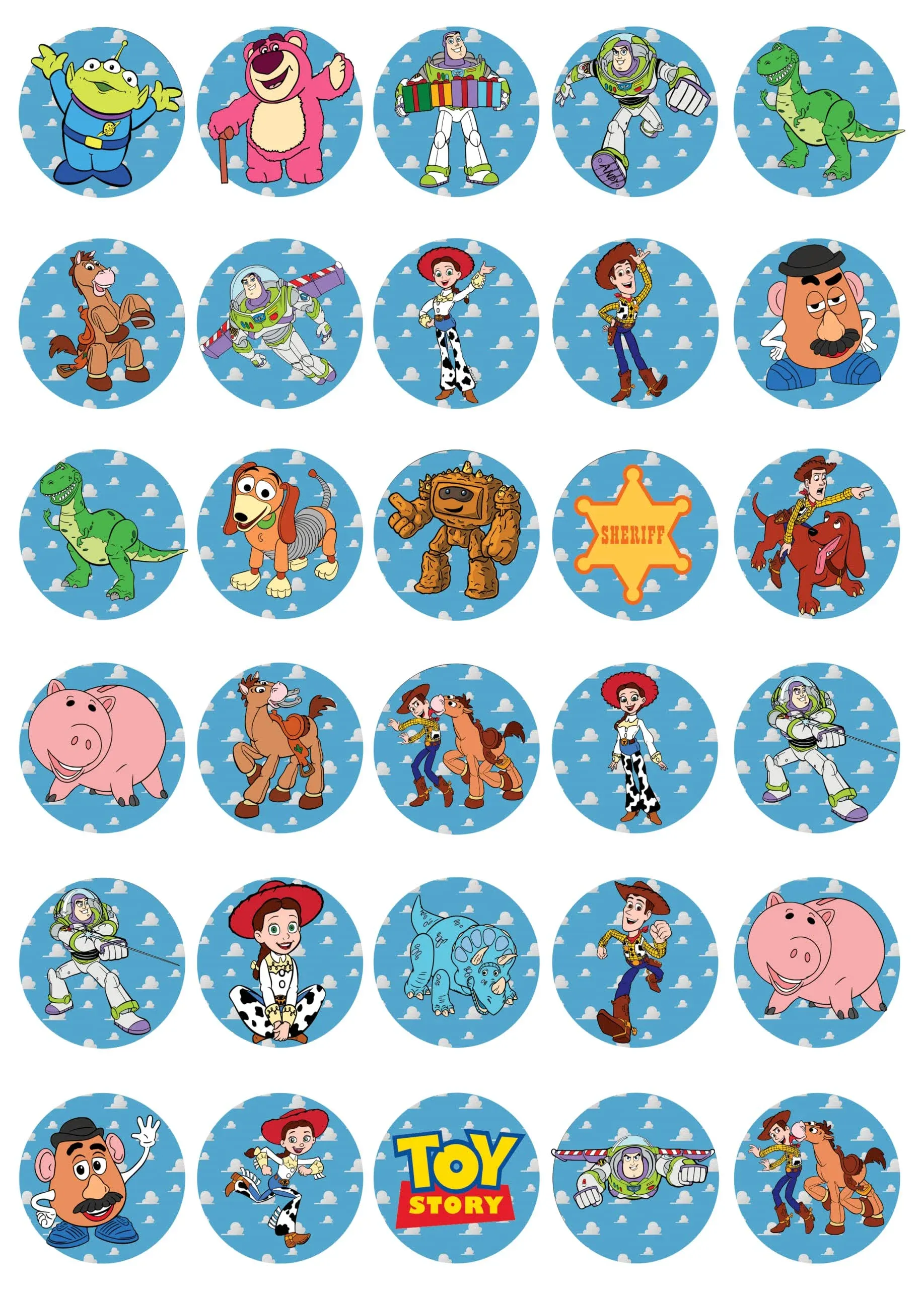 30 x Edible Cupcake Toppers – Toy Story Themed Collection of Edible Cake Decorations | Uncut Edible on Wafer Sheet