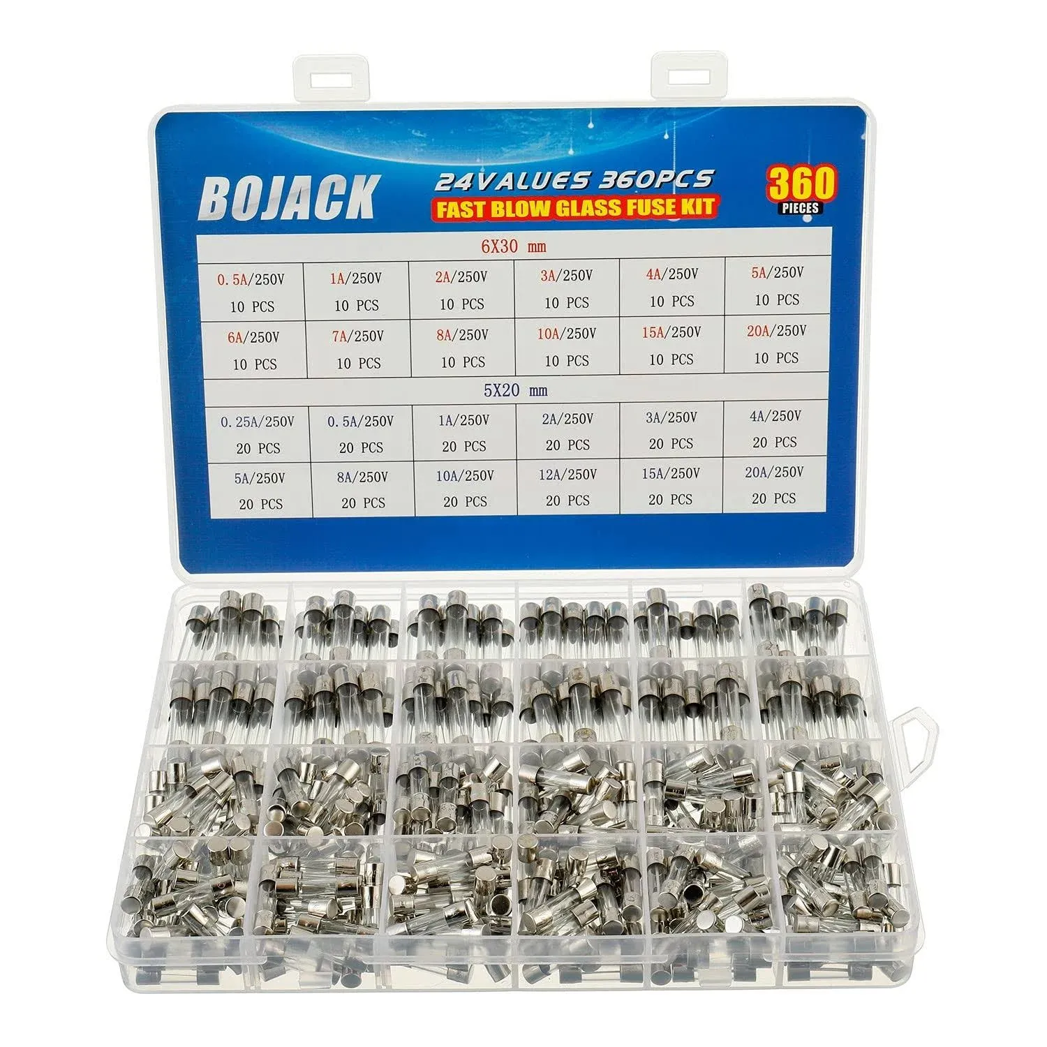 Bojack 24 Values 360 Pcs Fast-Blow Glass Fuses Assortment Kit 5x20mm 2