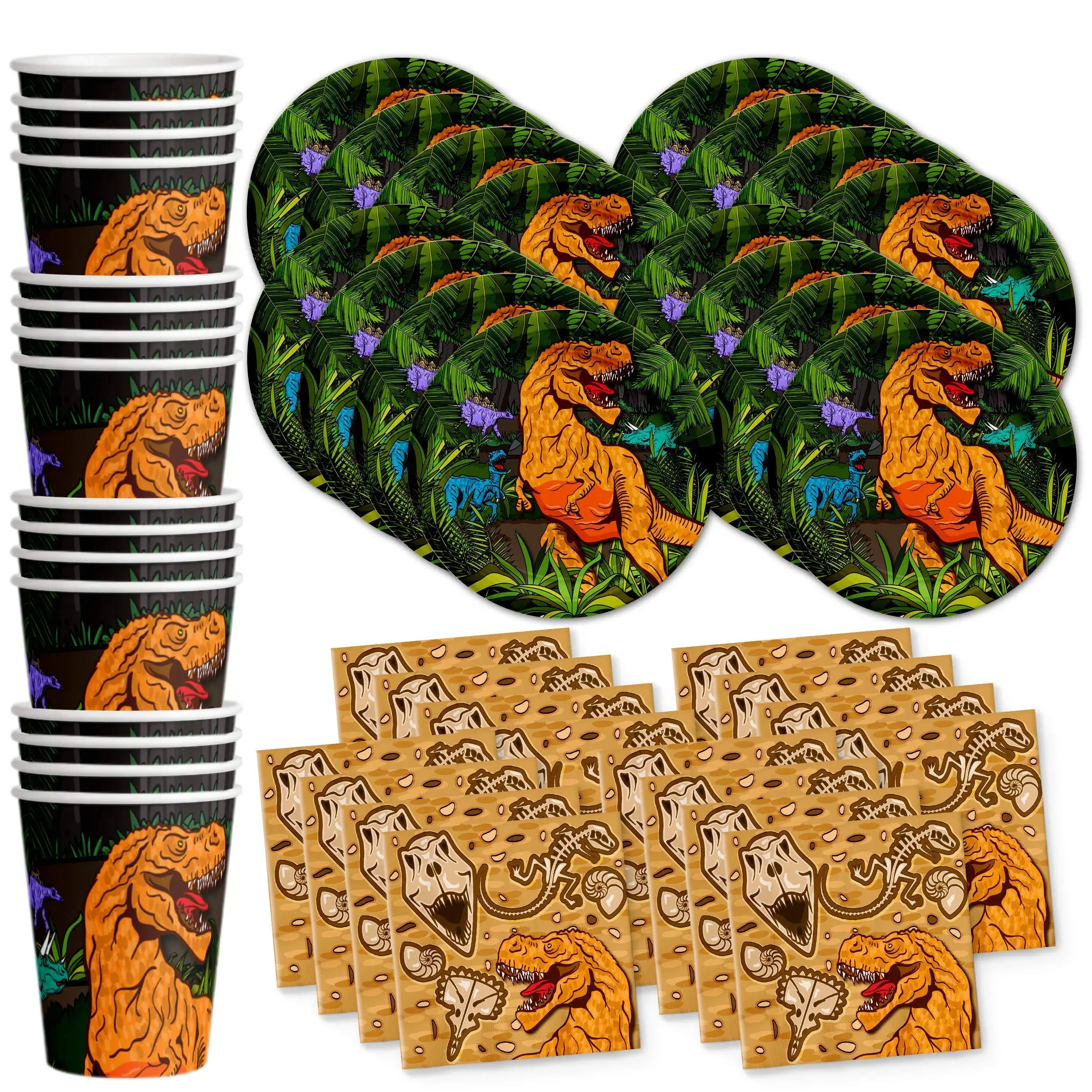 Roaring Dino Jurassic T-Rex Dinosaur Birthday Party Supplies - Dinosaur Decorations for Birthday Party - Dinosaur Birthday Set Plates  Napkins  and Cups | Tableware Kit for 16