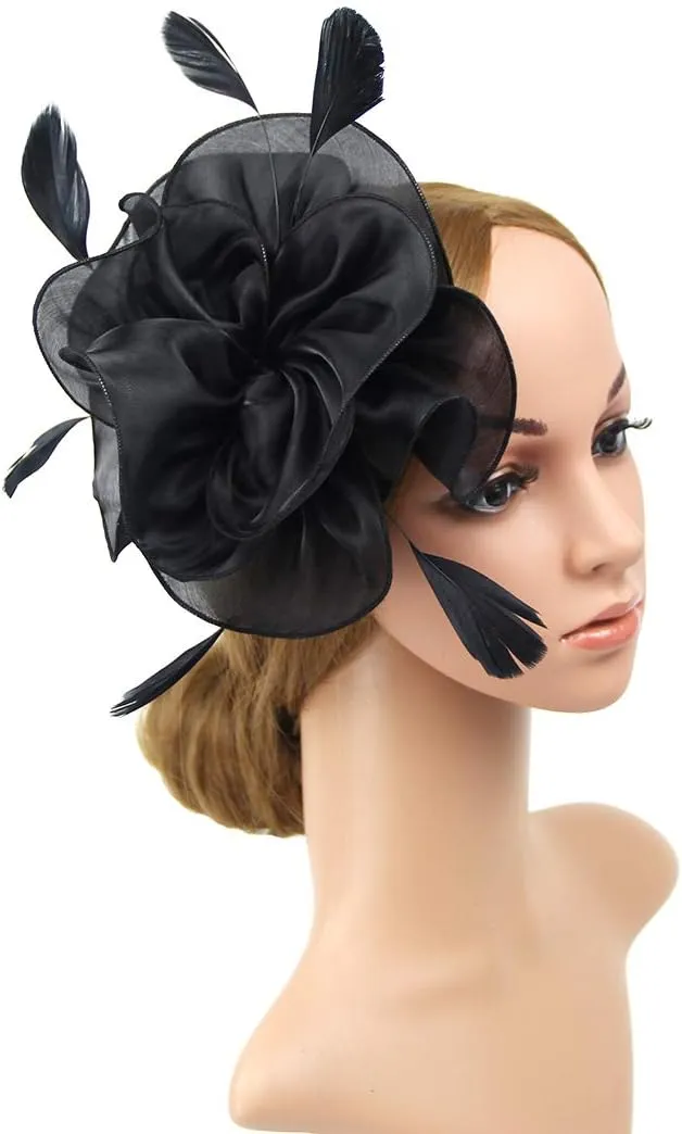 DRESHOW Fascinators Hat Flower Mesh Ribbons Feathers on a Headband and a Clip Tea Party Headwear for Girls and Women