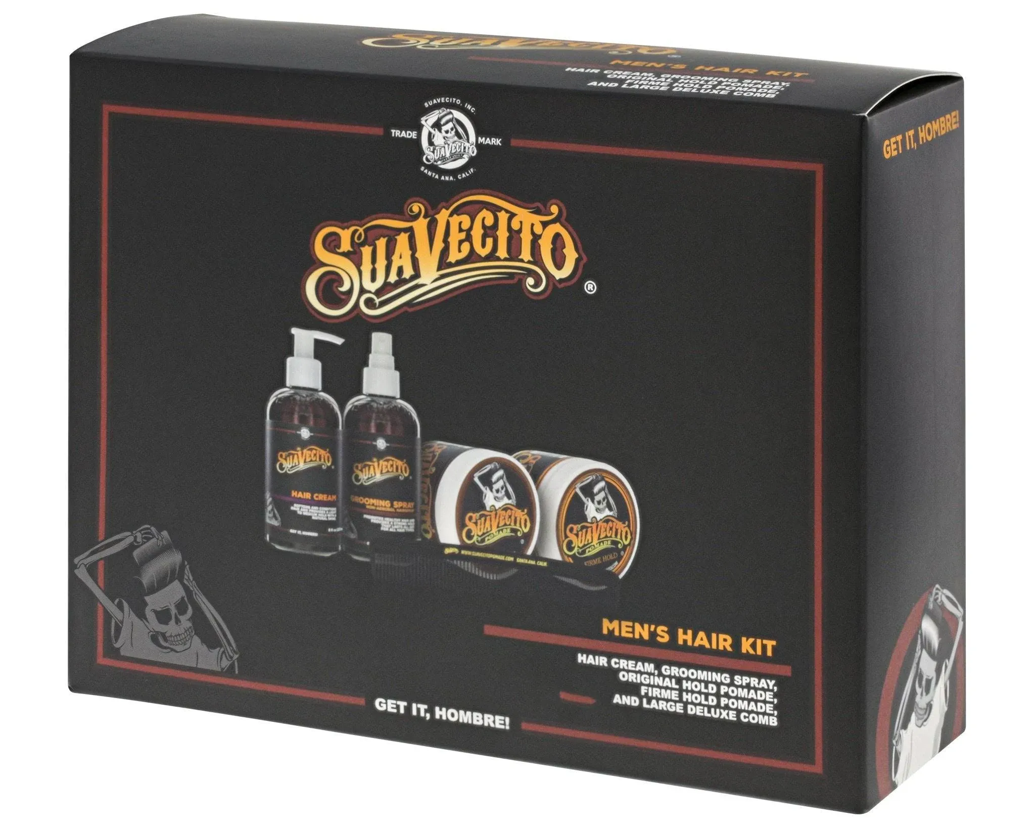 Suavecito Men's 5 PC Hair Kit - Original & Firme (Strong) Hold Medium Shine Pomade, Hair Cream and Grooming Spray, Large Deluxe Comb