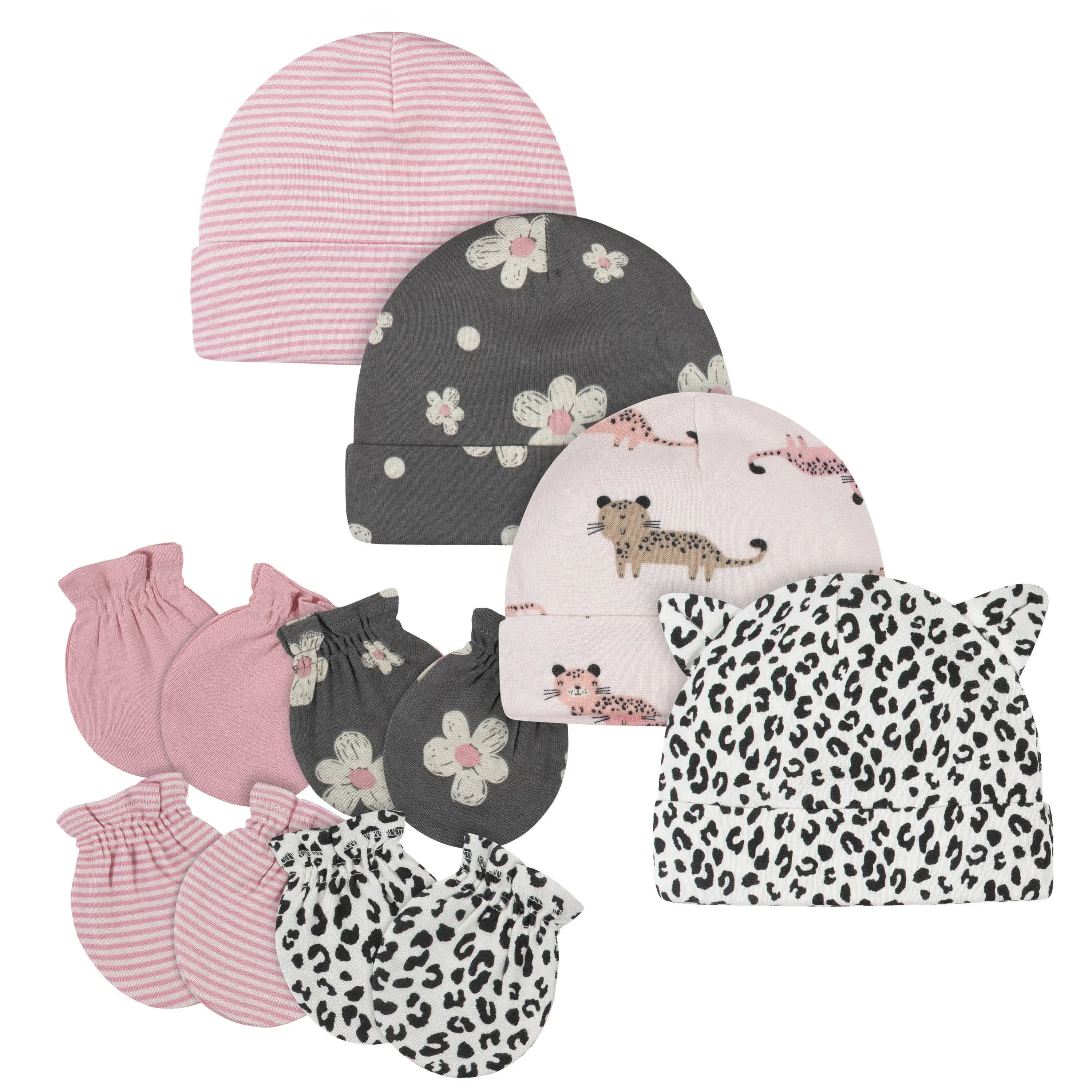 Gerber 8 Piece Baby Girls Cap and Mitten Set, Pink Leopard, 0-3 Months