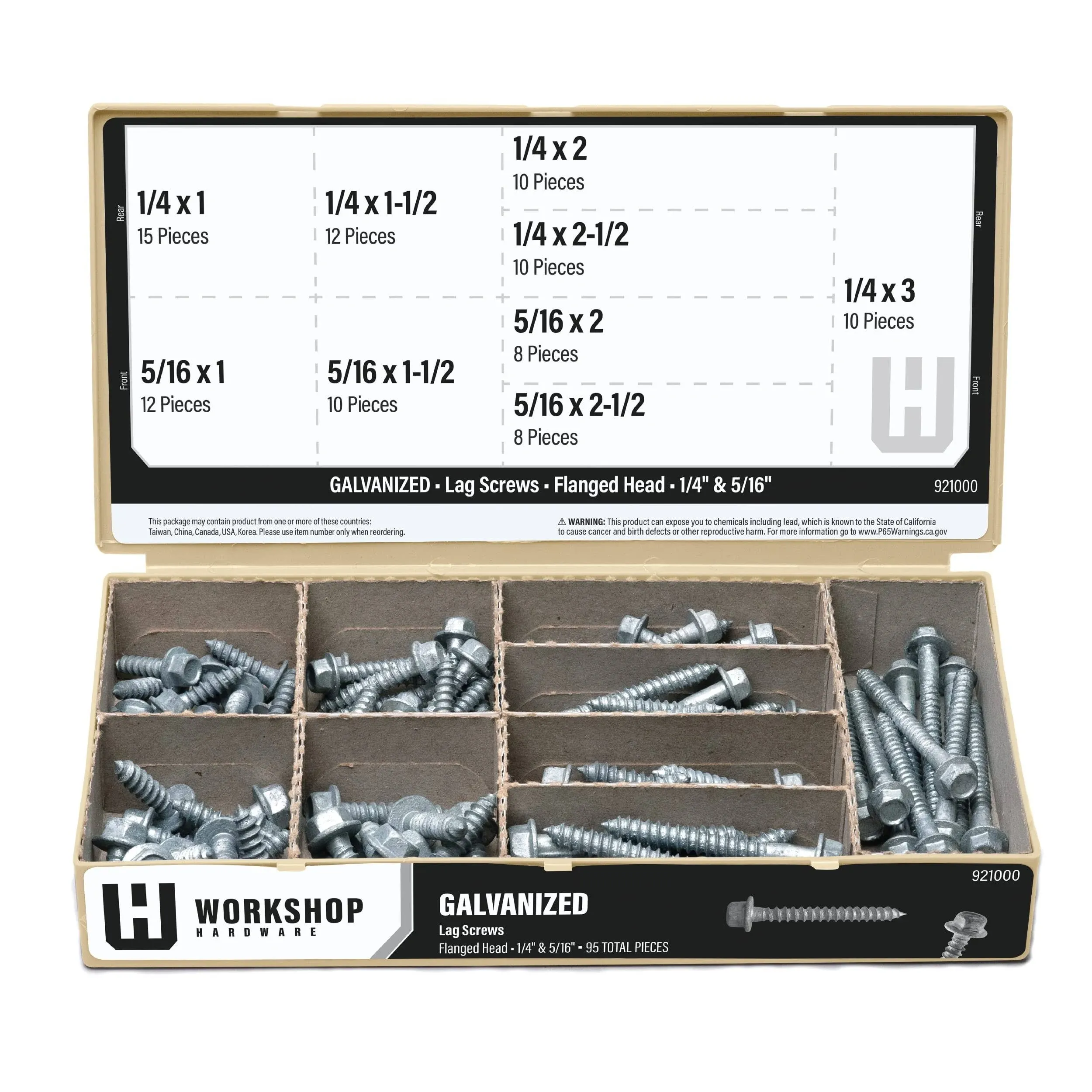 Workshop Hardware 95 Piece Fastener Assortment Kit, Galvanized Flanged Head Lag