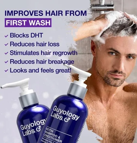 Hair Growth Shampoo For Men - With Conditioner for Thinning Hair - Natural DHT Blockers To Reduce Hair Loss - Biotin and Keratin Best for Growth and Thickening - Made in USA by Guyology Labs