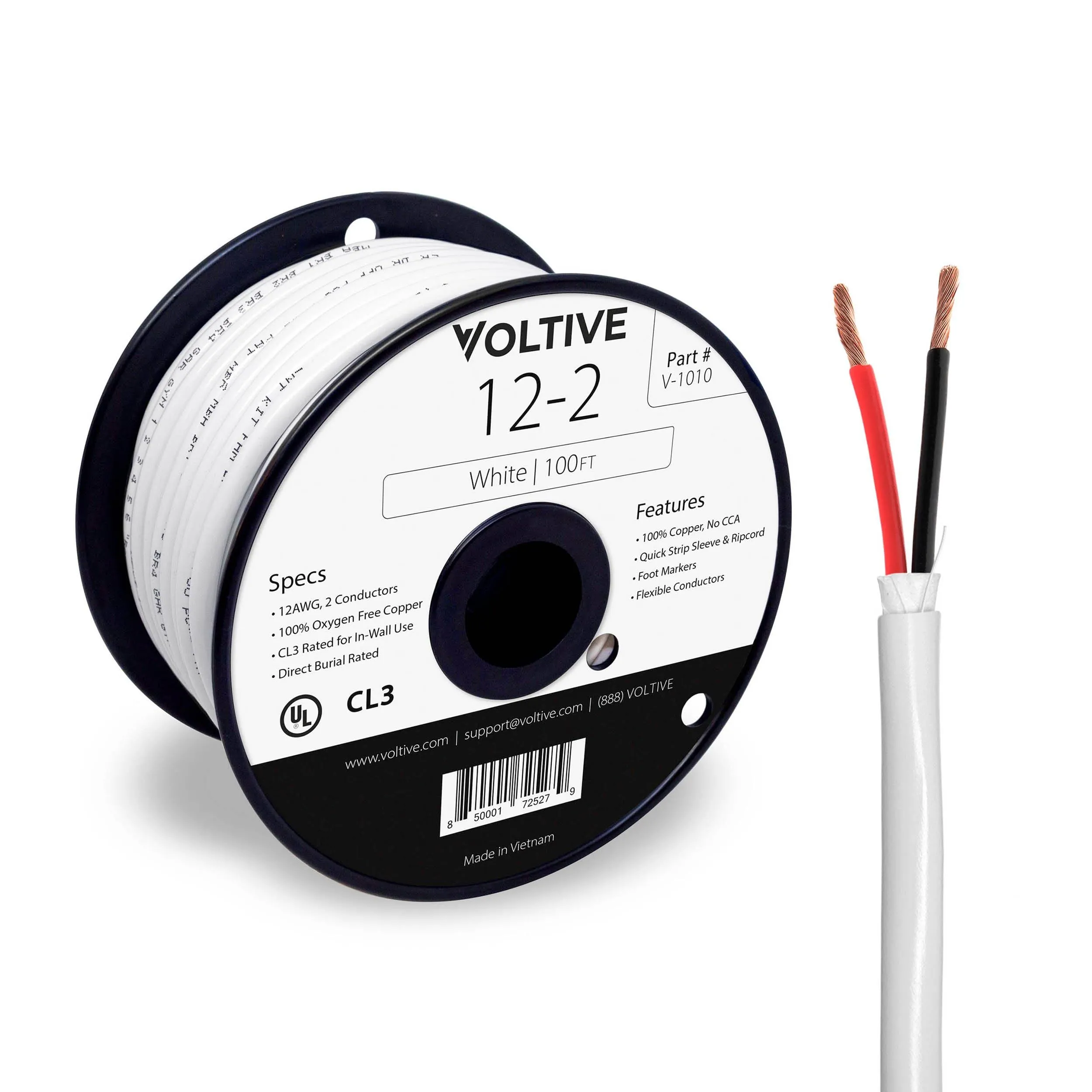 Voltive 12/2 Speaker Wire - CL3 - In-Wall/Direct Burial - OFC - 100ft - White