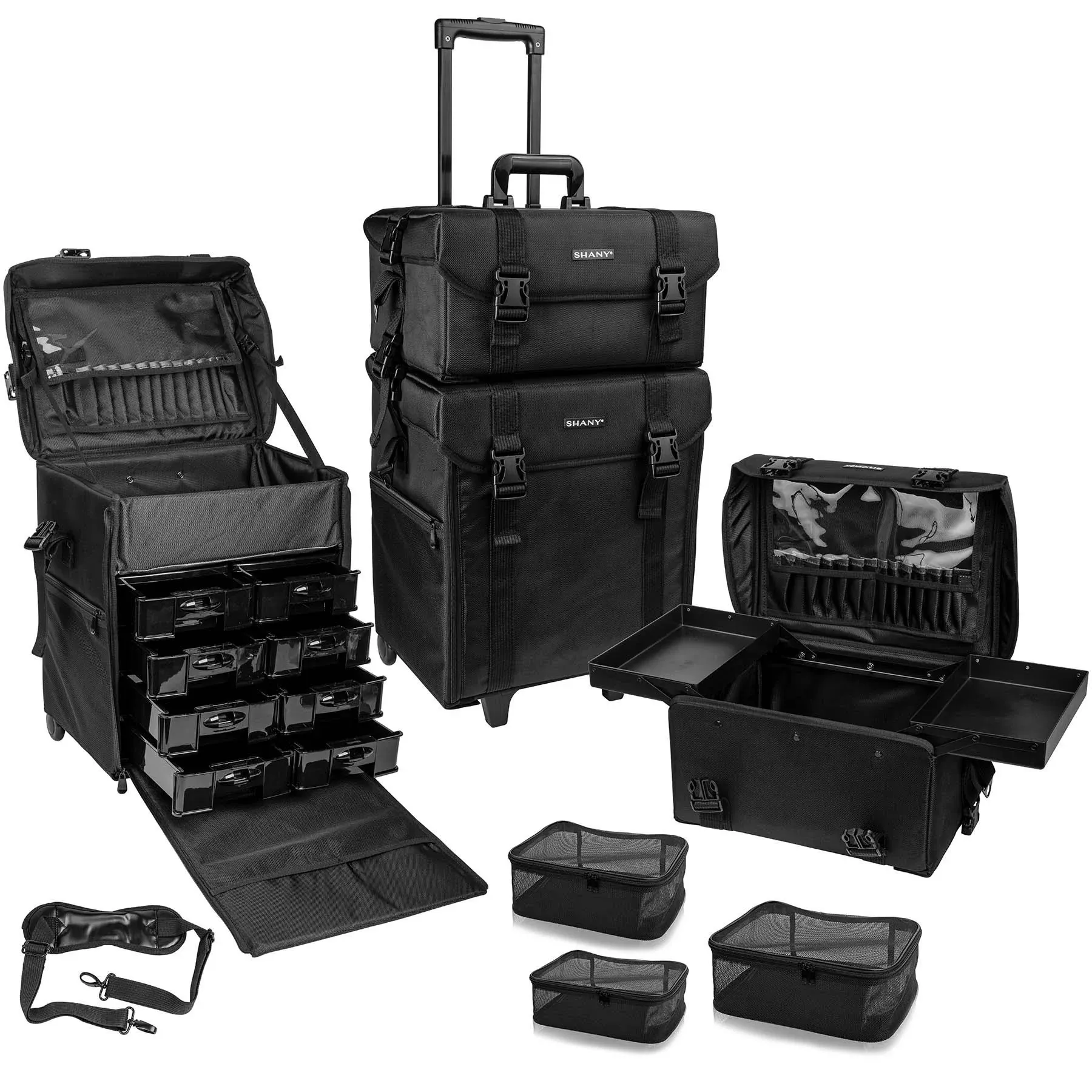 Shany Soft Makeup Artist Rolling Trolley Cosmetic Case with Free Set of Mesh Bags ...