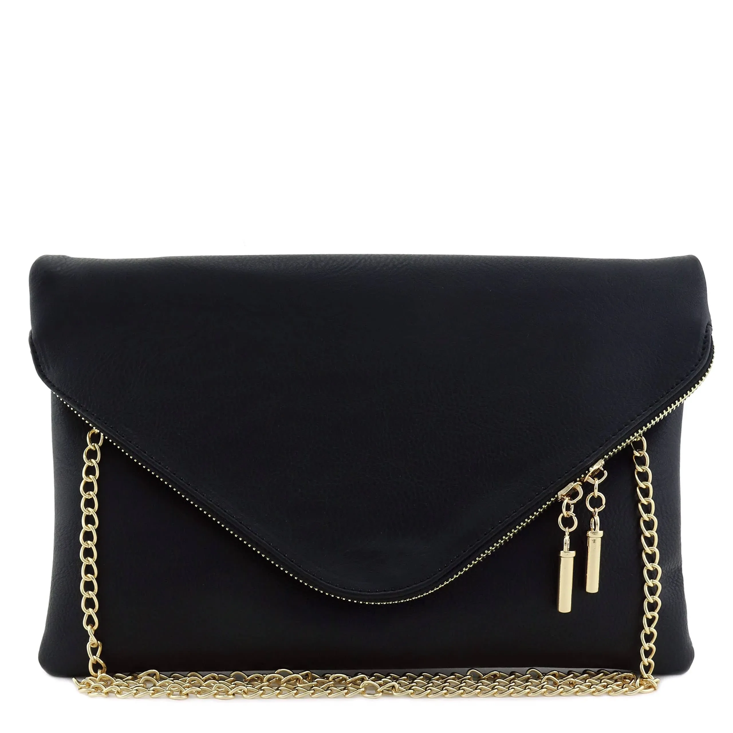 FashionPuzzle Large Envelope Clutch Bag with Chain Strap (Black)