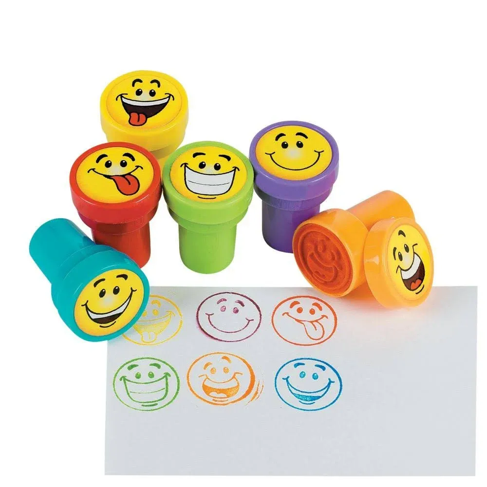 Fun Express - Goofy Smile Face Stamps(2dz) - Stationery - Birthday Party Supplies and Favors Stamps - Stamps - Valentine's Day Party Favors - Self Inking - 24 Pieces