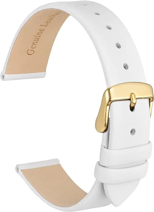 WOCCI 16mm Lug Width, Elegant Watch Band, Genuine Leather Replacement Strap with Gold Buckle (White)