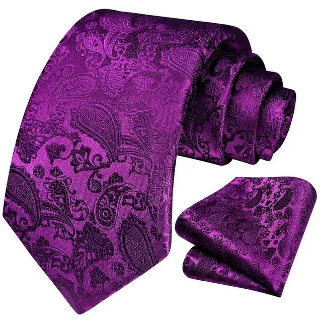 HISDERN Paisley Ties for Men Solid Tie Handkerchief Floral Men's Necktie & Pocket Square Set,Eggplant