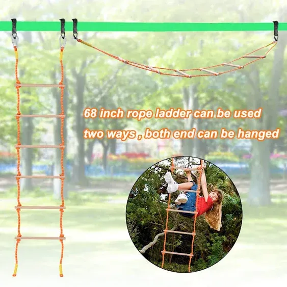 X XBEN 8.5Ft Wooden Rope Ladder for Kids, Climbing Ladders for Backyard Playset, Ninja Obstacle Course Hanging Ladder, Outdoor Playground Swingset Accessories