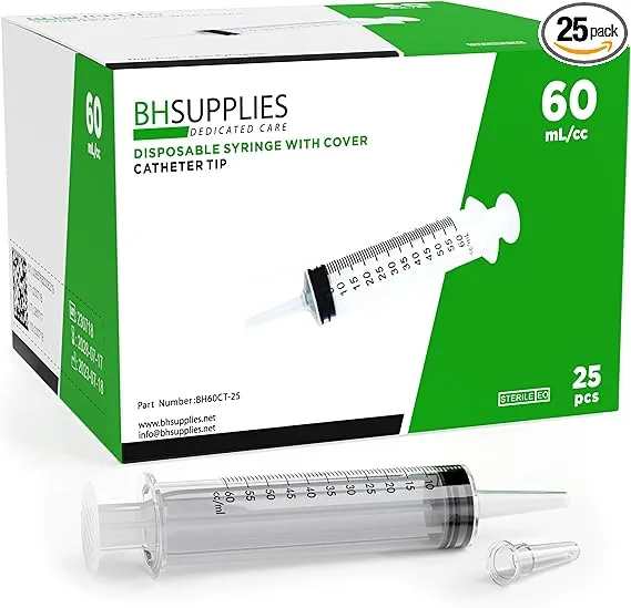 BH Supplies 60mL Syringe Catheter Tip Sterile with Caps - (No Needle) - Sterile, Individually Wrapped - 25 Syringes