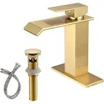 Gold Bathroom Faucet, Brass Single Handle 1 Hole Bathroom Sink Faucet with Pop Up Sink Drain Assembly, Brushed Gold