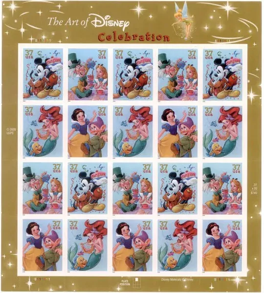 The Art of Disney: Celebration (Pluto, Mickey Mouse, Alice, Snow White, Droopy) (Sheet of 20) 37 Cent US Postage Stamps 2005 Scott 3912-3915