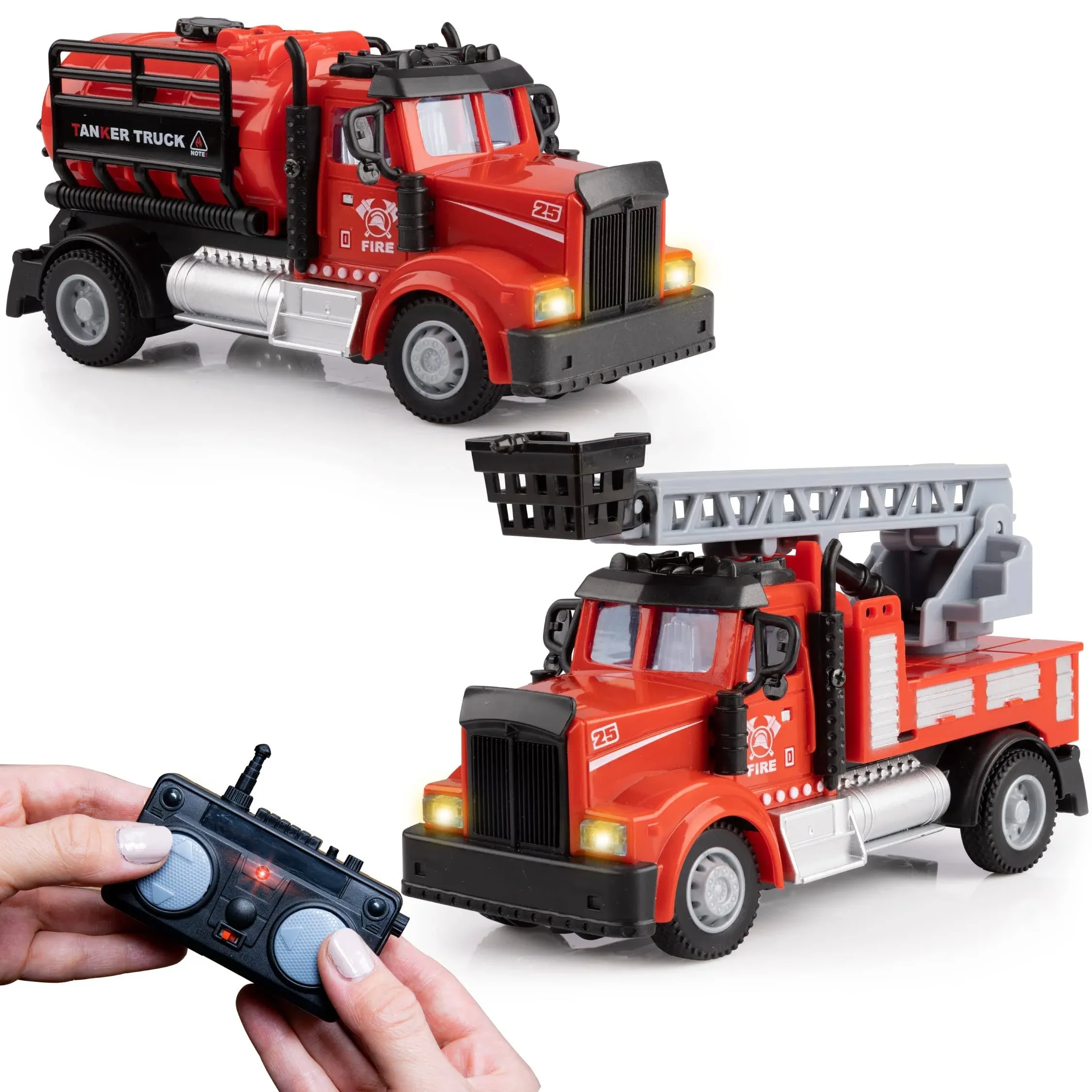 Force1 2.4GHz RC Mini Firefighter Truck Tank + Boom Firetruck 2pk