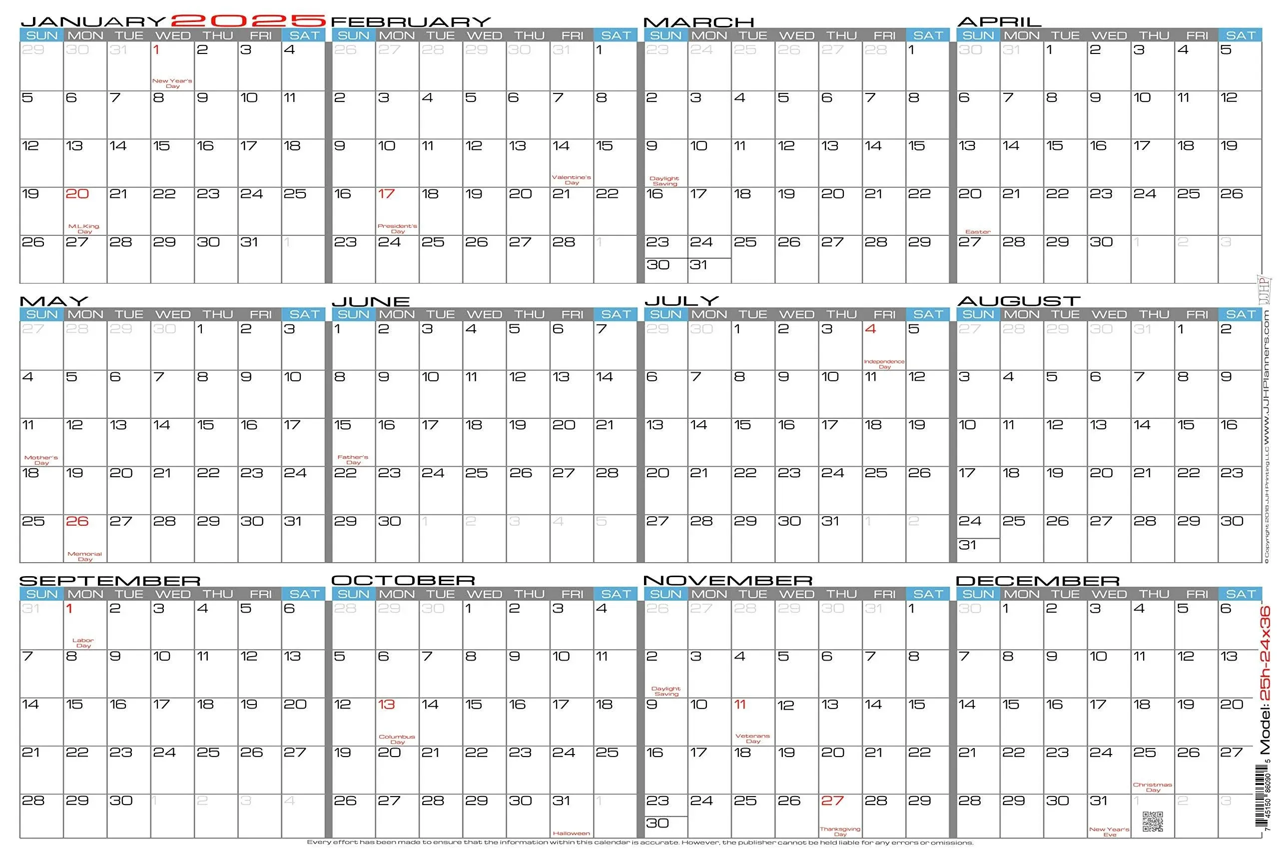 JJH Planners - Laminated - 24" X 36" Large 2025 Erasable Wall Calendar - Horizontal 12 Month Yearly Annual Planner (25h-24x36)