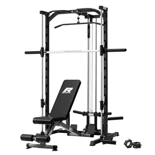 RitFit Smith Machine Power Rack with LAT-Pull Down System, Landmine, Barbell Bar, Plate Storage Pegs and More Training Attachment