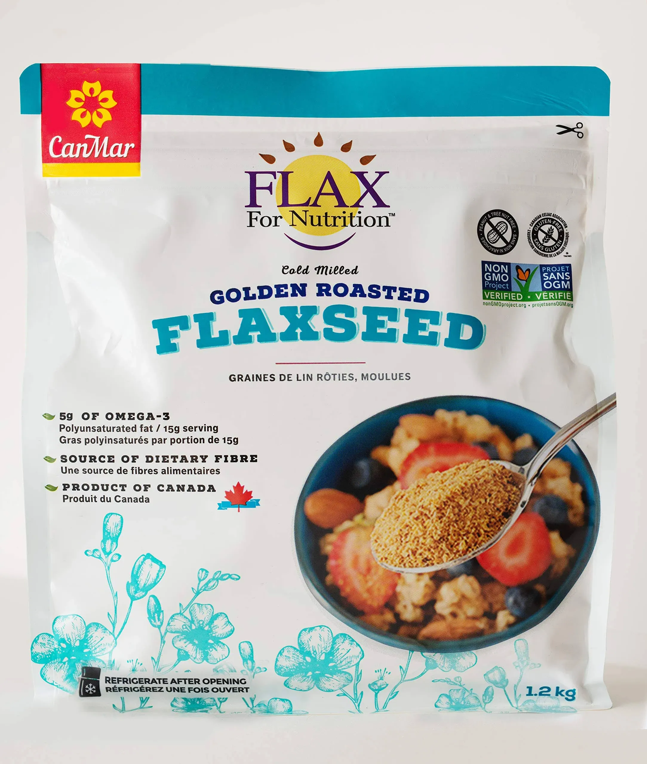 CanMar Ground Cold Milled Golden Roasted Flax Seed (42oz/1.2Kg) Vegan Flaxseed Ground - Non-GMO, Gluten Free - Flax Seeds - Ground Flaxseed Meal with Omega-3, Fiber - Linseed Flax