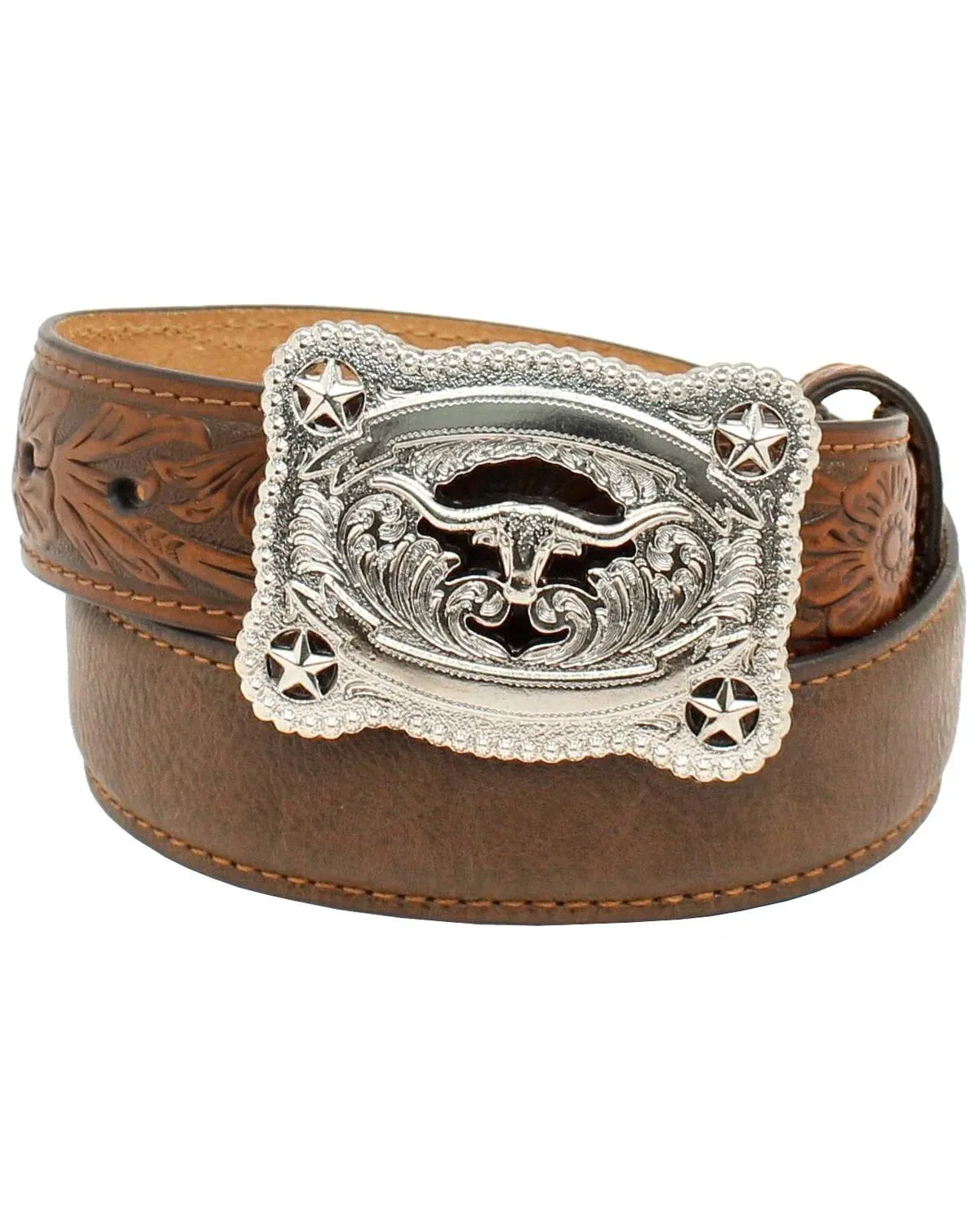 Nocona Boys Western Belt, Brown,Tooled Longhorn Buckle, 1-1/4", Sizes 18-28