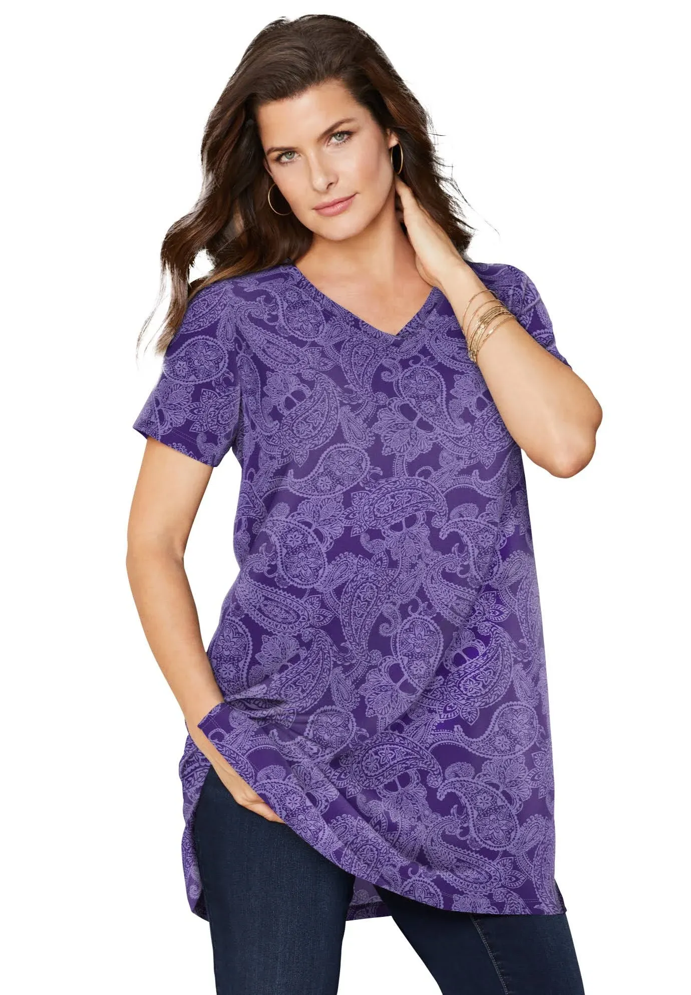 Roaman's Women's Plus Size Short-Sleeve V-Neck Ultimate Tunic - L, Purple