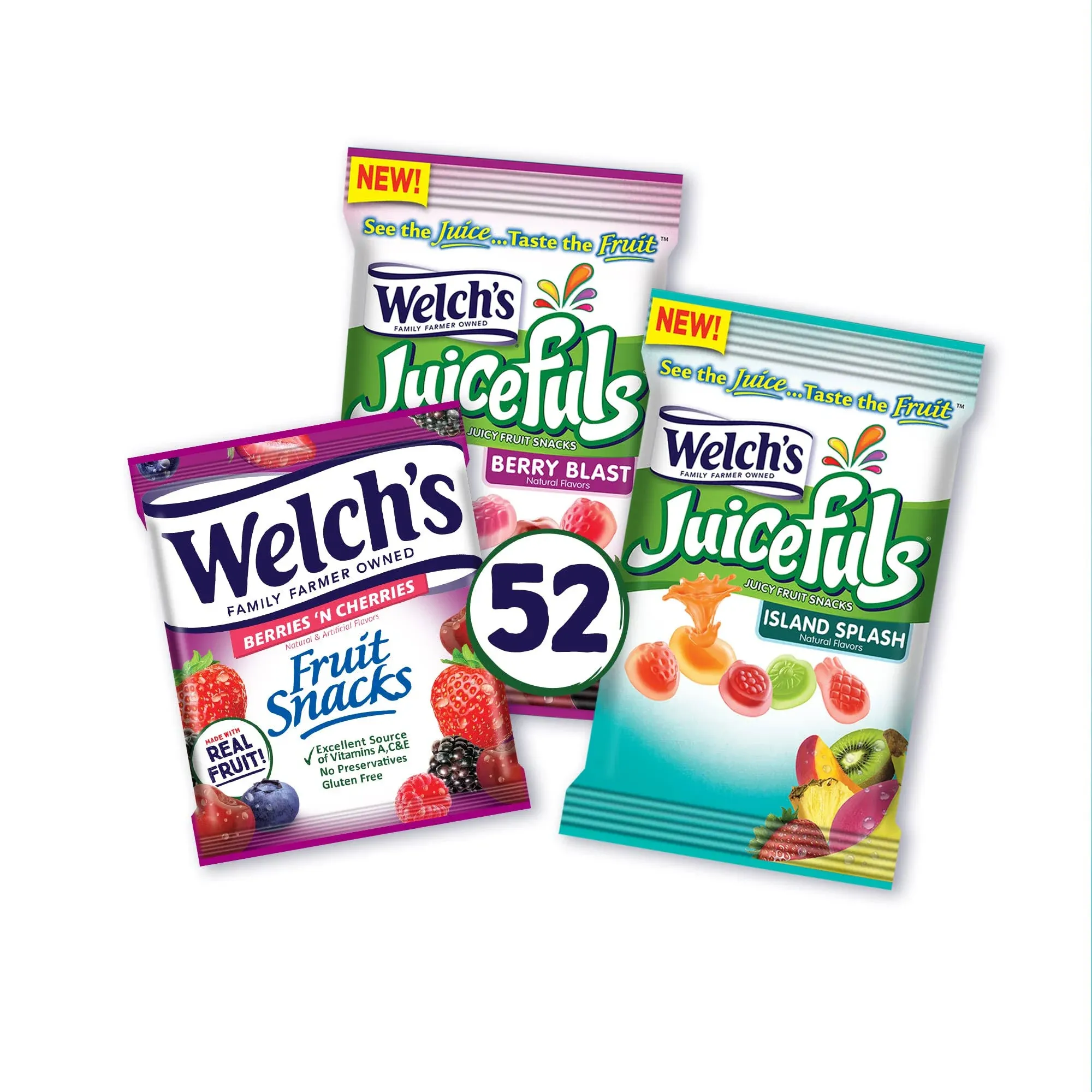 Welch's Juicefuls Juicy Fruit Snacks, Mixed Fruit, Berry Blast & Island Splash Fruit Gushers Variety Pack, Great for School Lunches, Gluten Free, 4