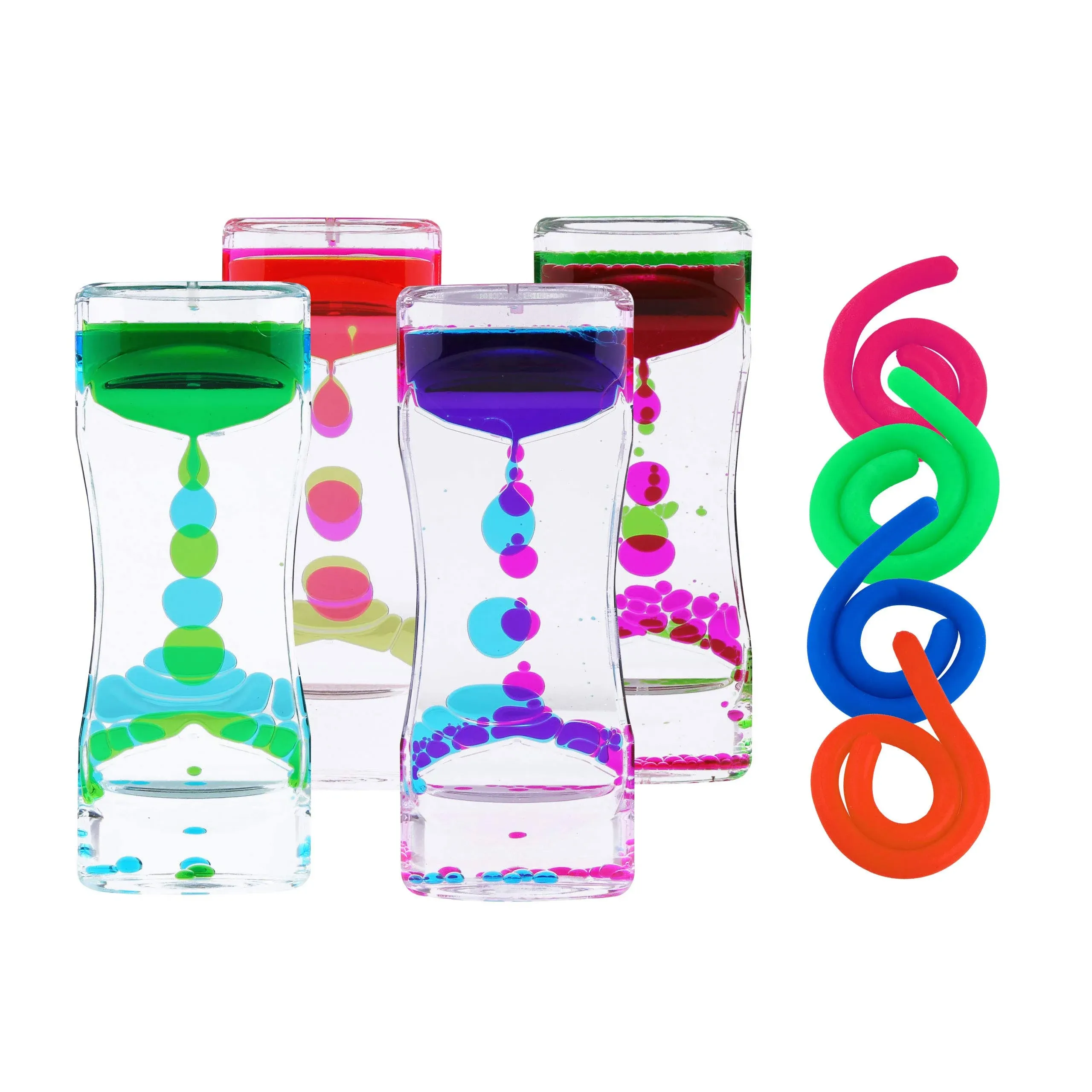 Liquid Motion Bubbler Sensory Toys – 4 Pc Set Bundle Stretchy String Fidget Toys Timer Water Oil Toy for Stress Relief and Anxiety Relief Great for ADHD AutHD Autism ADD Hyperactivity Relaxation figit