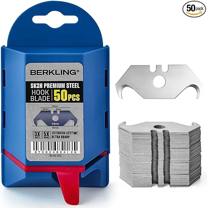 Berkling SK2H Hook Blade Utility Knife Blade 50-Pack With Dispenser, Ultra 3X Sharper and 5X More Durable, Compatible w/ Most Box &amp; Carpet Cutters