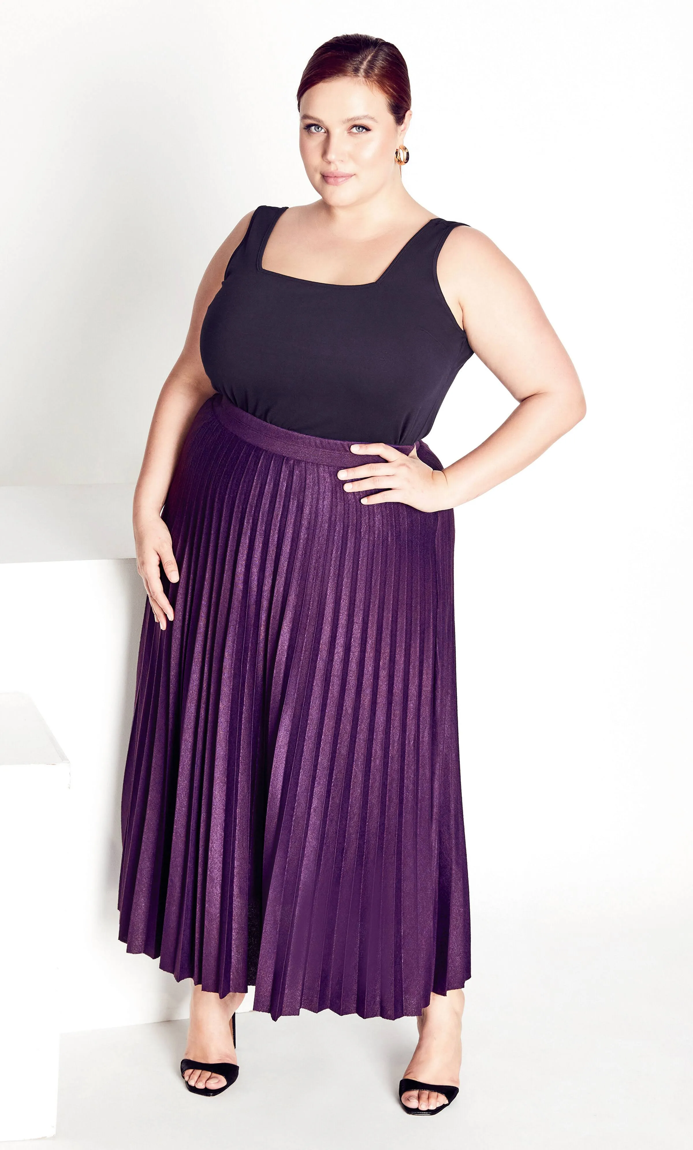 Arna York | Women's Plus Size Knit Pleat Skirt - Purple - 28W