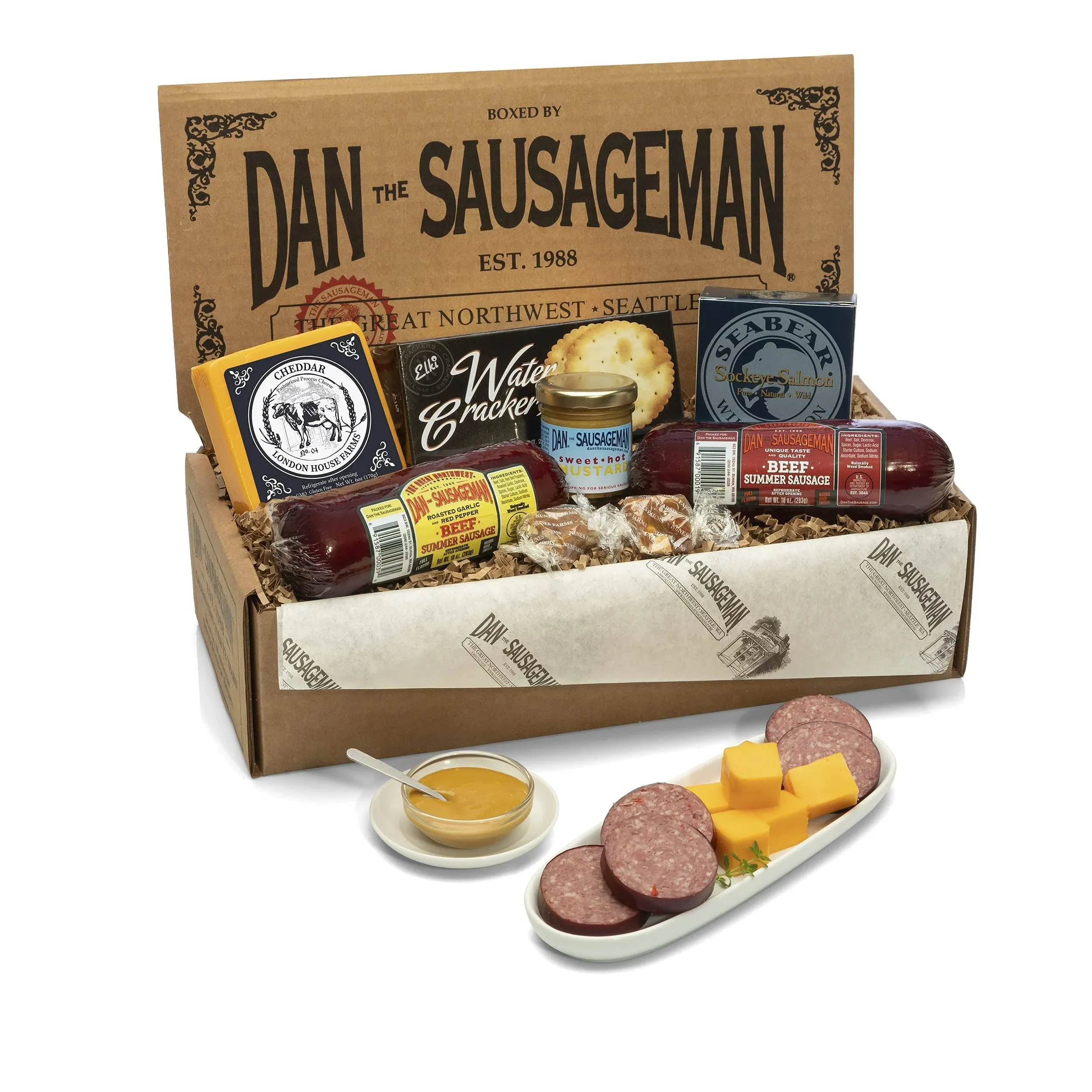 Dan the Sausageman's Gourmet Silver Star Gift Basket with Seabear Salmon, Smoked Summer Sausages Sweet Hot Mustard, Crackers, Charcuterie Host Party Gift