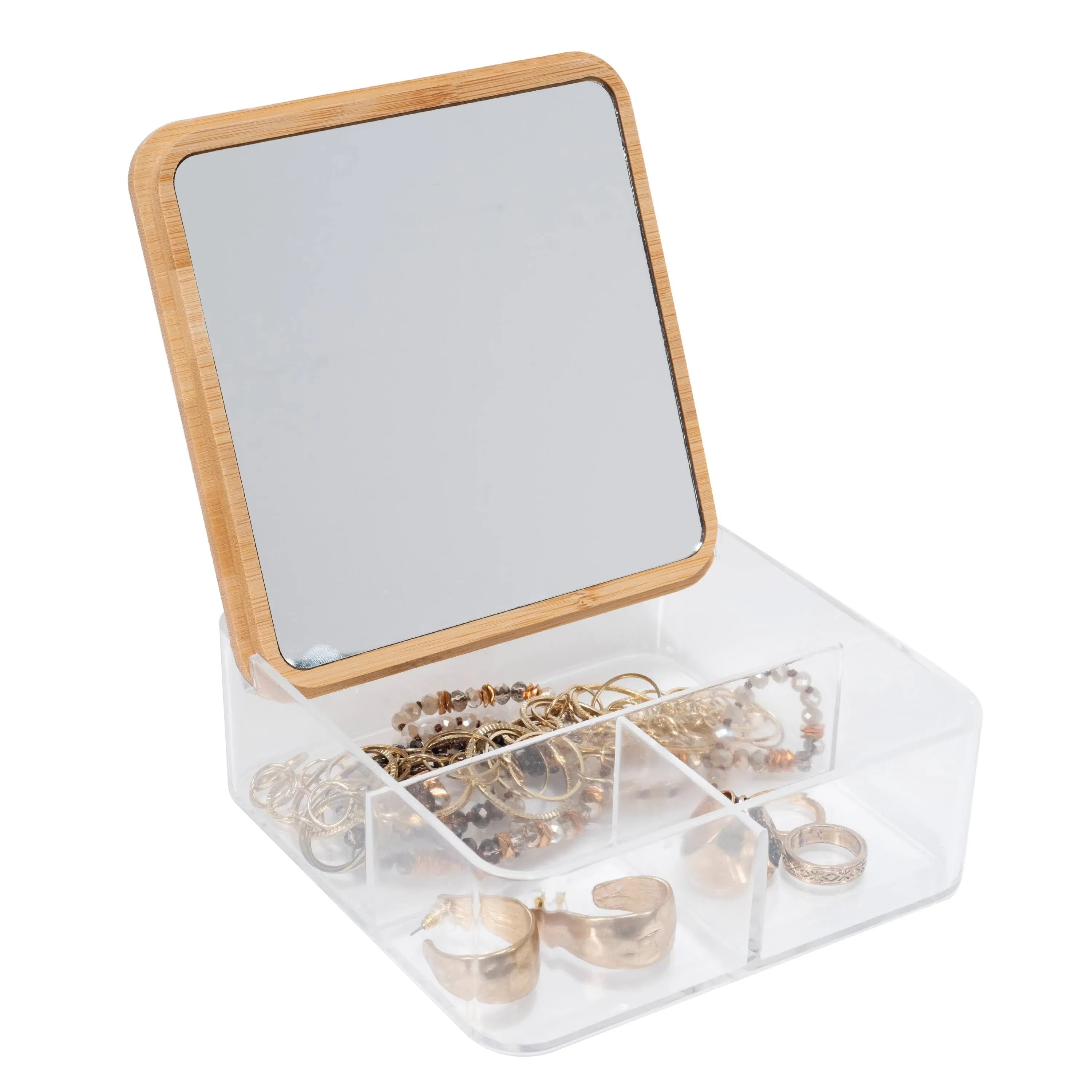 Simplify 3 Compartment Clear Organizer with Bamboo Lid & Mirror