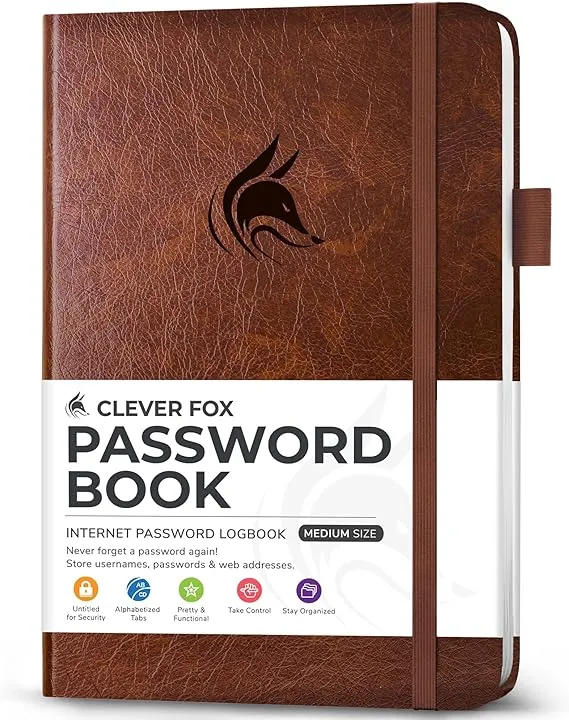 Clever Fox Password Book with Alphabetical tabs. Internet Address Organizer Logbook. Medium Password Keeper for Website Logins (Brown)