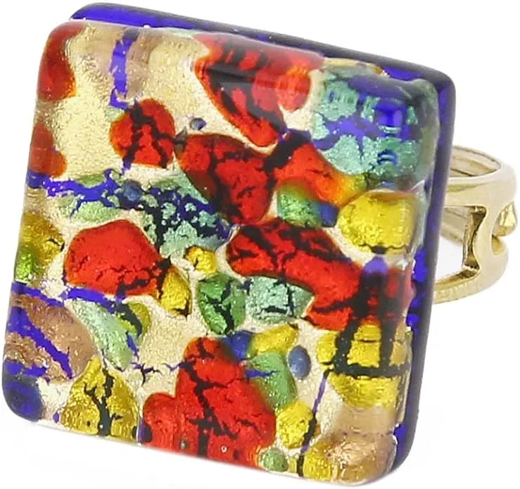 Murano Glass Venetian Reflections Square Adjustable Ring - Golden Meadow