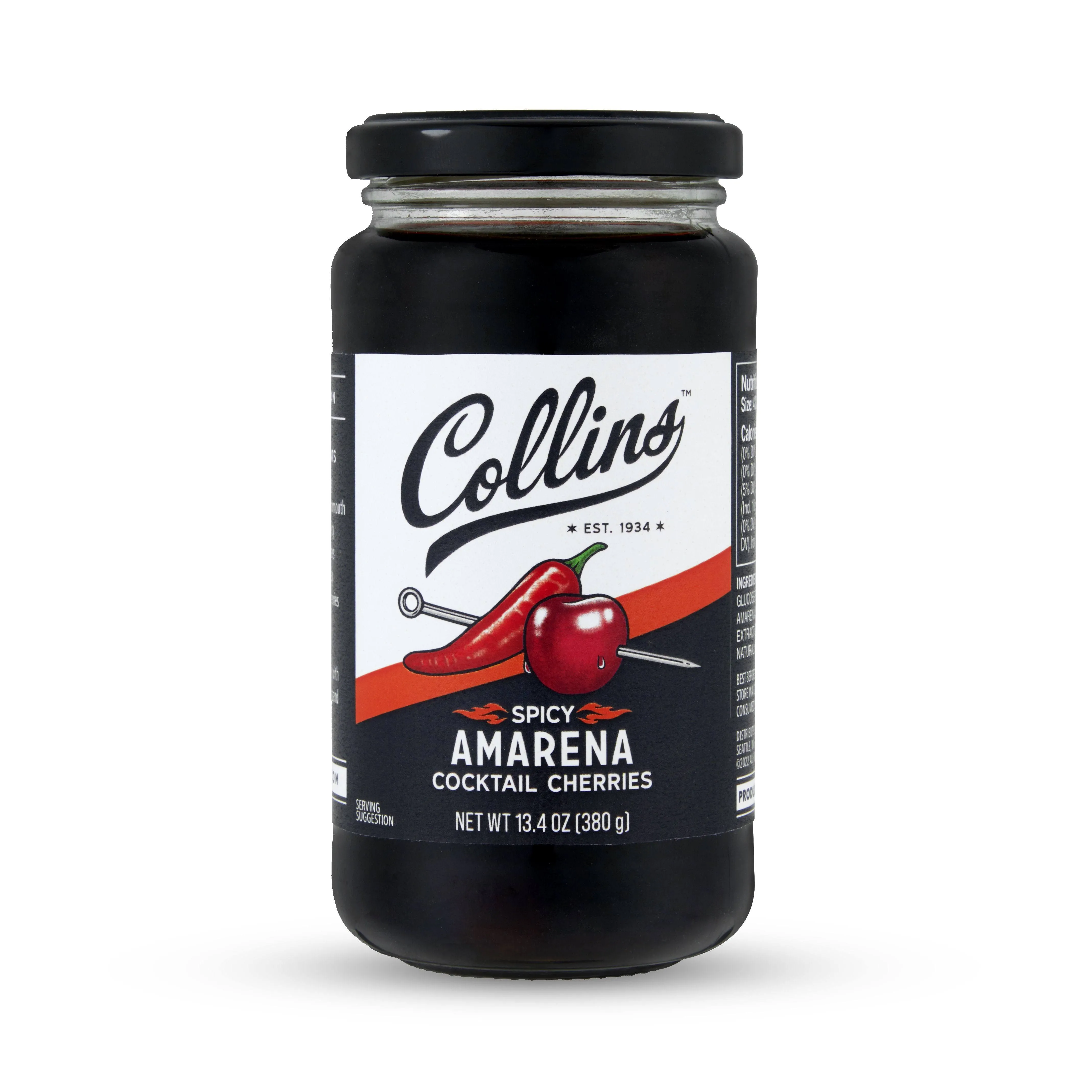 Collins Spicy Amarena Cherries in Syrup, Black Cherries for Old Fashioned or Manhattan, Cocktail Cherries, Garnish for Cocktails or Desserts,13.4oz