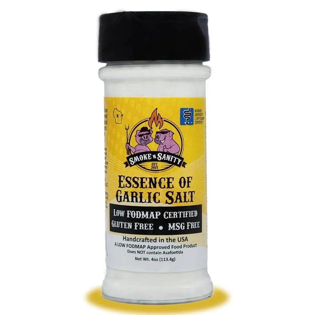 Smoke n Sanity Essence of Garlic Salt - Certified Low FODMAP - Contains No Onion - Certified Gluten Free - Certified Kosher - Dairy Free - 4.0 Ounce Shaker