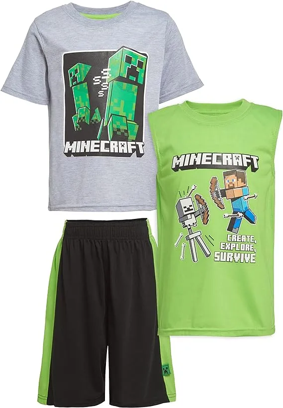 Minecraft Boys Creepers 3 Piece T-Shirt Tank Top Short Set