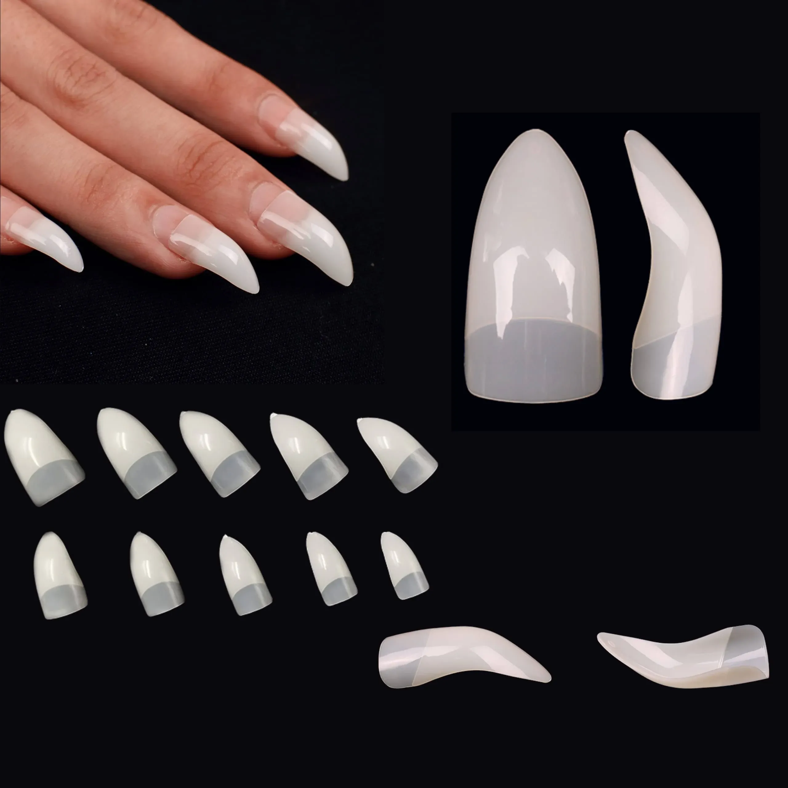 500 pcs Natural Hawk Curved Raptor Eagle Claw Extra Super Extreme Deep Curve Half Cover Stiletto False Nail Extension Tips Acrylic Nail 10 Sizes Bag Packaging Halloween Art Salon