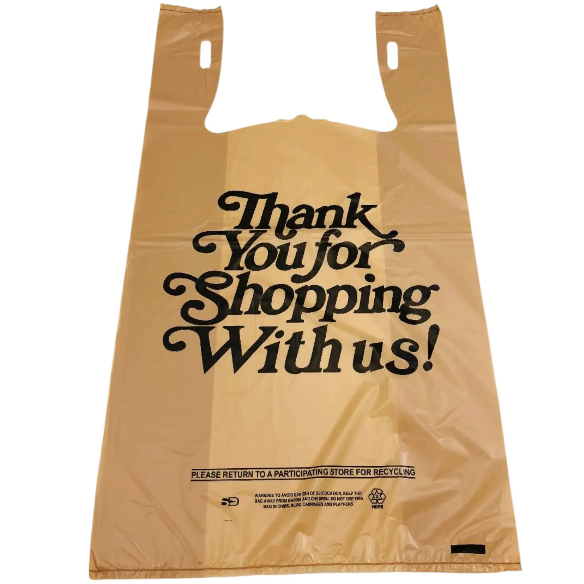 Easy Open Heavy Duty 'Thank You' Italic Print T-Shirt Plastic Bag for Retail, Groceries, Merchandise, Convenience Store, Supermarket, Restaurant - 11.5"x6.5"x21.5-600 Bags - 18 microns - Beige