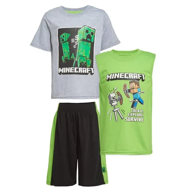 Minecraft Boys Creepers 3 Piece T-Shirt Tank Top Short Set (Grey Heather Sizes 4-12)