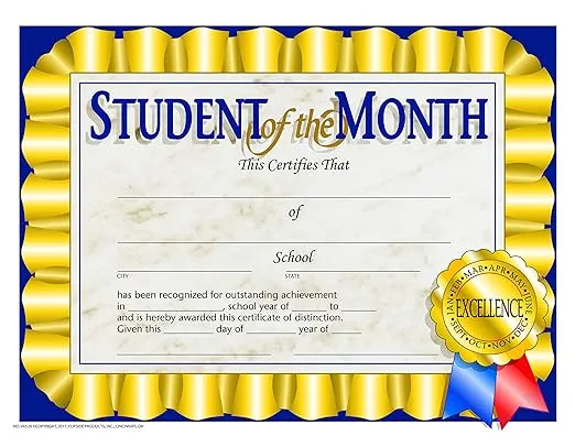 Hayes Student of the Month Certificate, 8-1/2 X 11 in, Paper, Pack of 30, Blue Ink, 0.5 mm Micro Tip - 78289